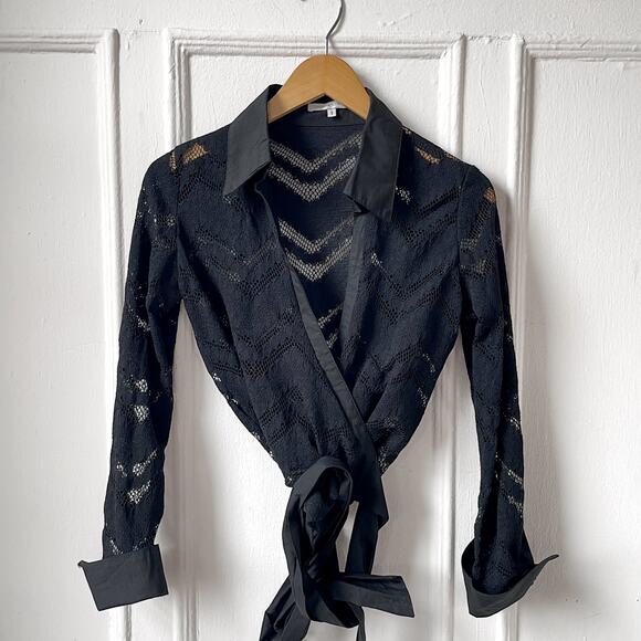 VTG Black Lace Goth Y2K Wrap Top Dark Romantic Shear Studio De Compagnie Paris - Picture 8 of 11